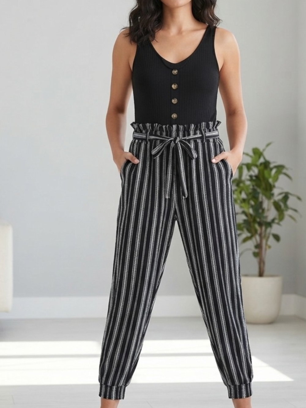 Derek Heart Striped Paperbag Waist Jogger Jumpsuit - Size Large
